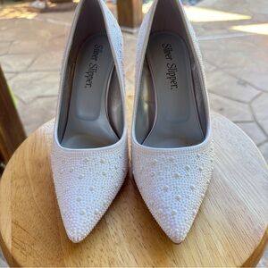 Silver Slipper White Pearl-Embellished Pointed Toe Heels